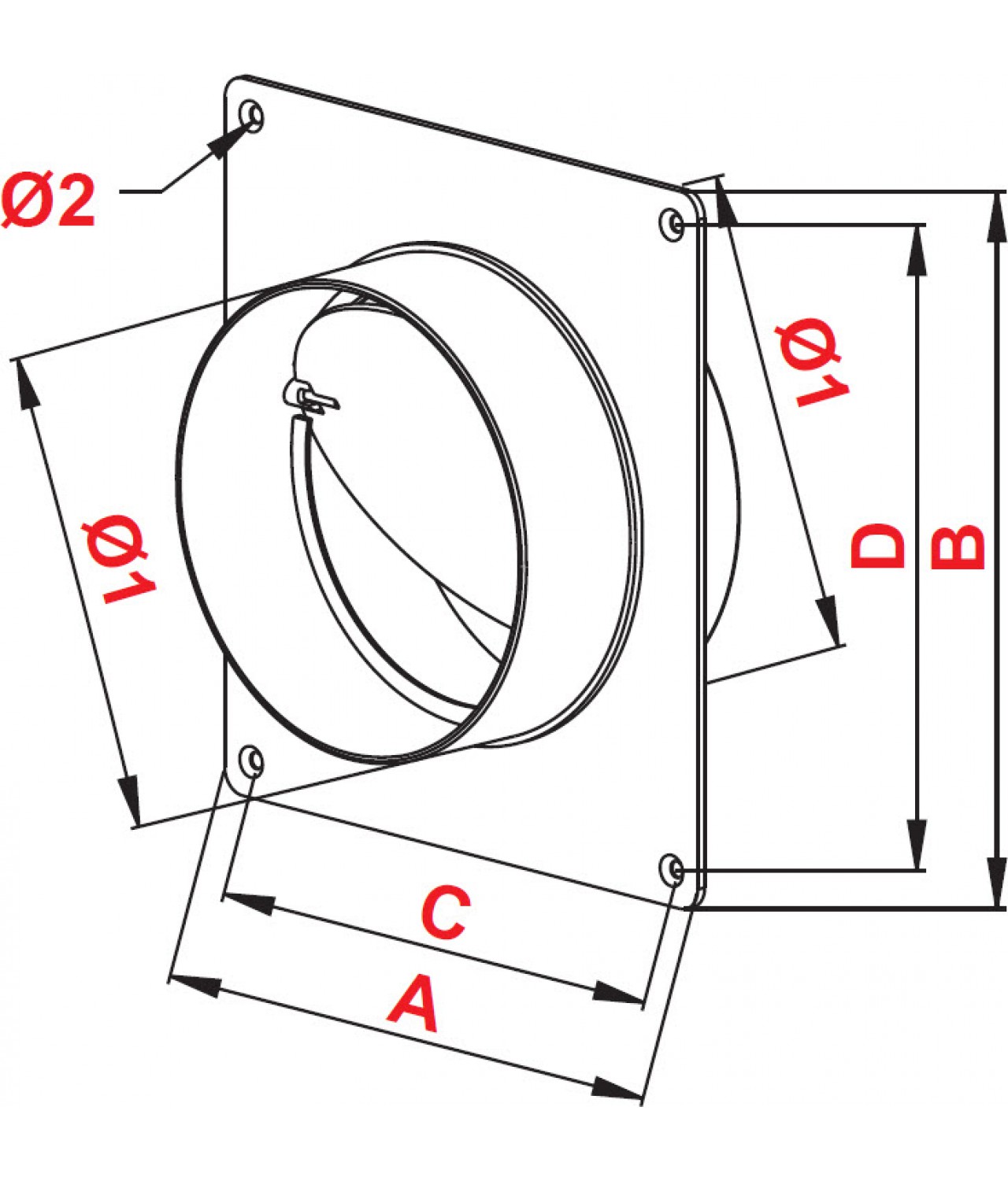 Plastic back draught damper with wall plate EKO-27/22 - drawing