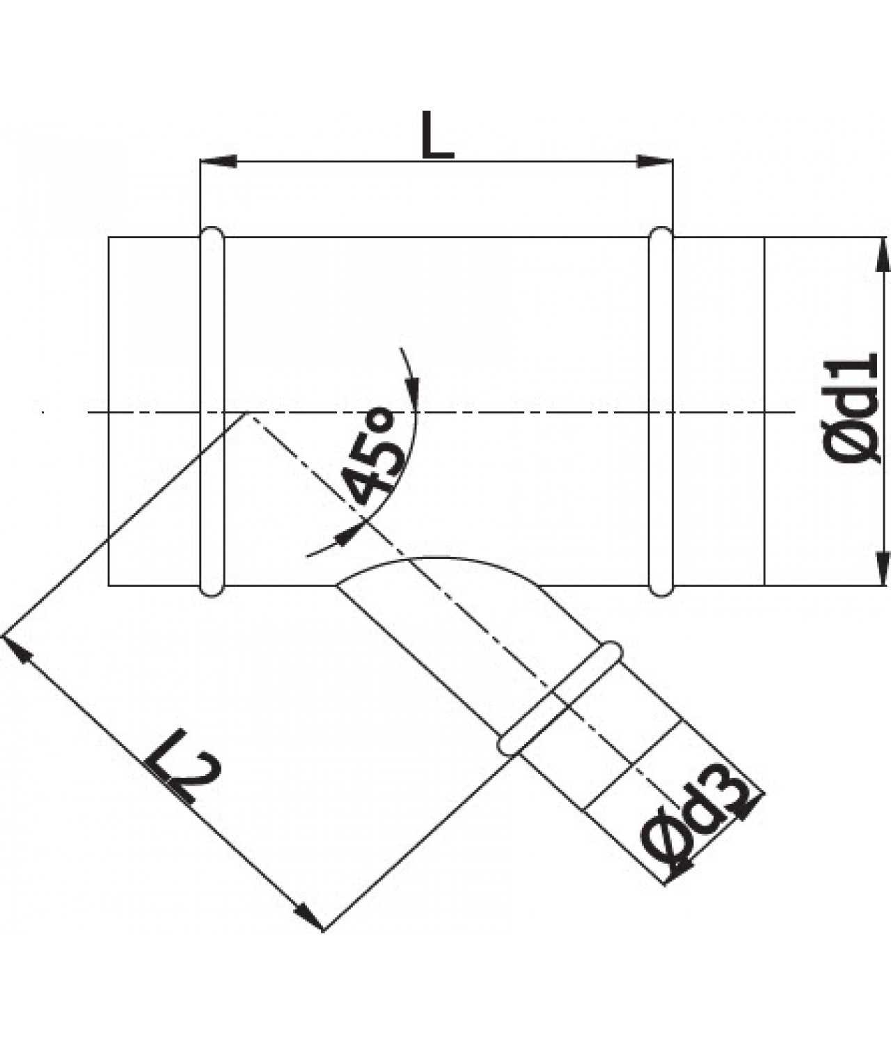 Tройники для воздуховодов с 45° отводом TAG - чертеж