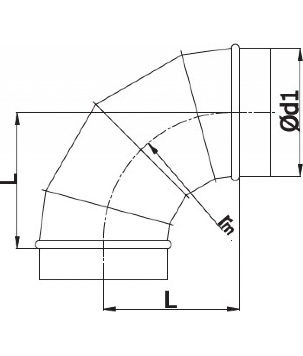 Колено A90/90, Ø90 мм, 90° - чертеж