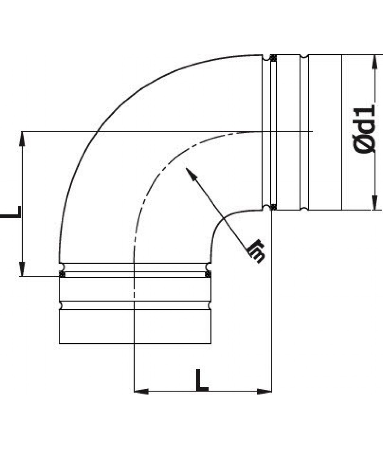 Колено A75/90, Ø75 мм, 90° - чертеж