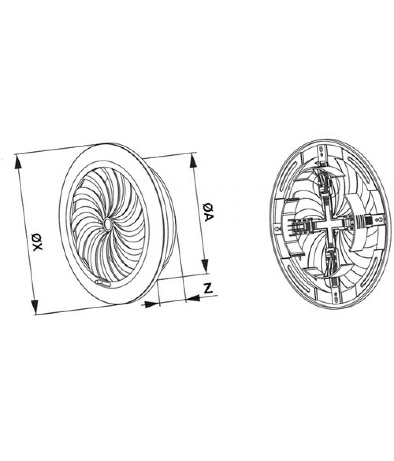 Ventiliacinės grotelės su užsklanda GRT88, Ø100-150/180 mm - brėžinys