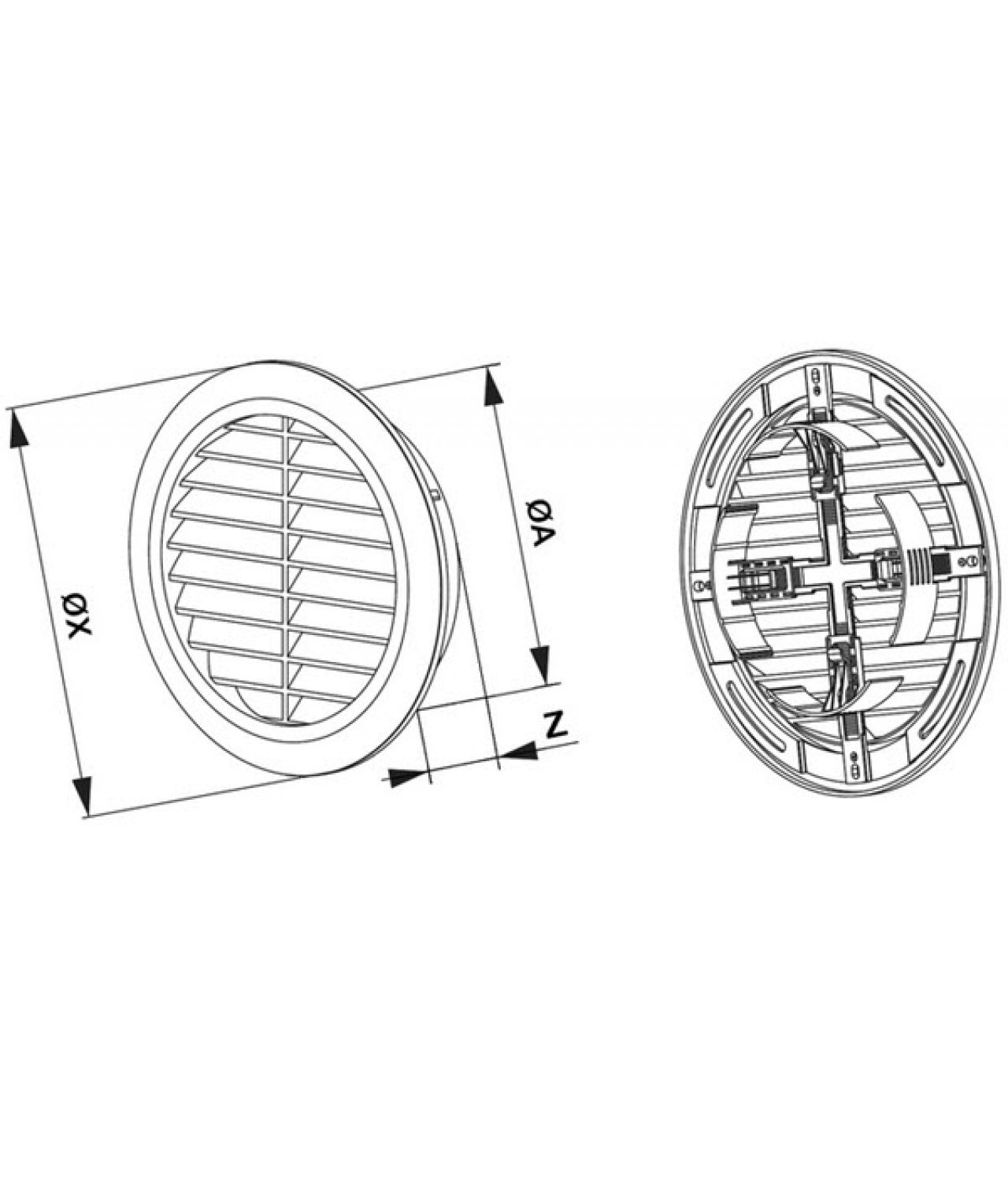 Ventiliacinės grotelės GRT36SS, Ø100-150/180 mm - brėžinys