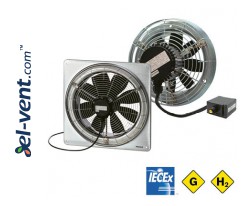 DZQ Ex e GAS & HYDROGEN - ašiniai sprogimui saugūs ventiliatoriai su kvadratiniu sieniniu rėmu, skirti sprogioms dujinėms ir vandenilio aplinkoms ≤9450 m³/h