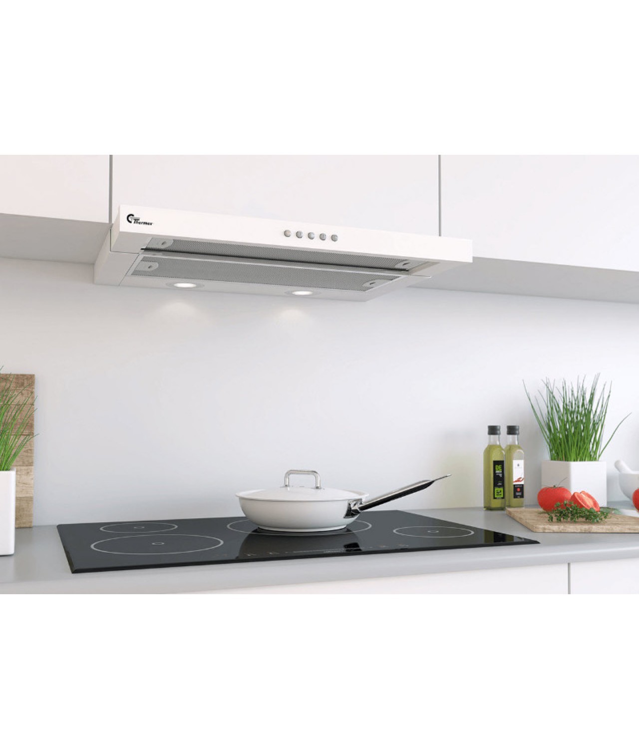 Cabinet integrated retractable cooker hood Super Silent Slider 500 white - installed