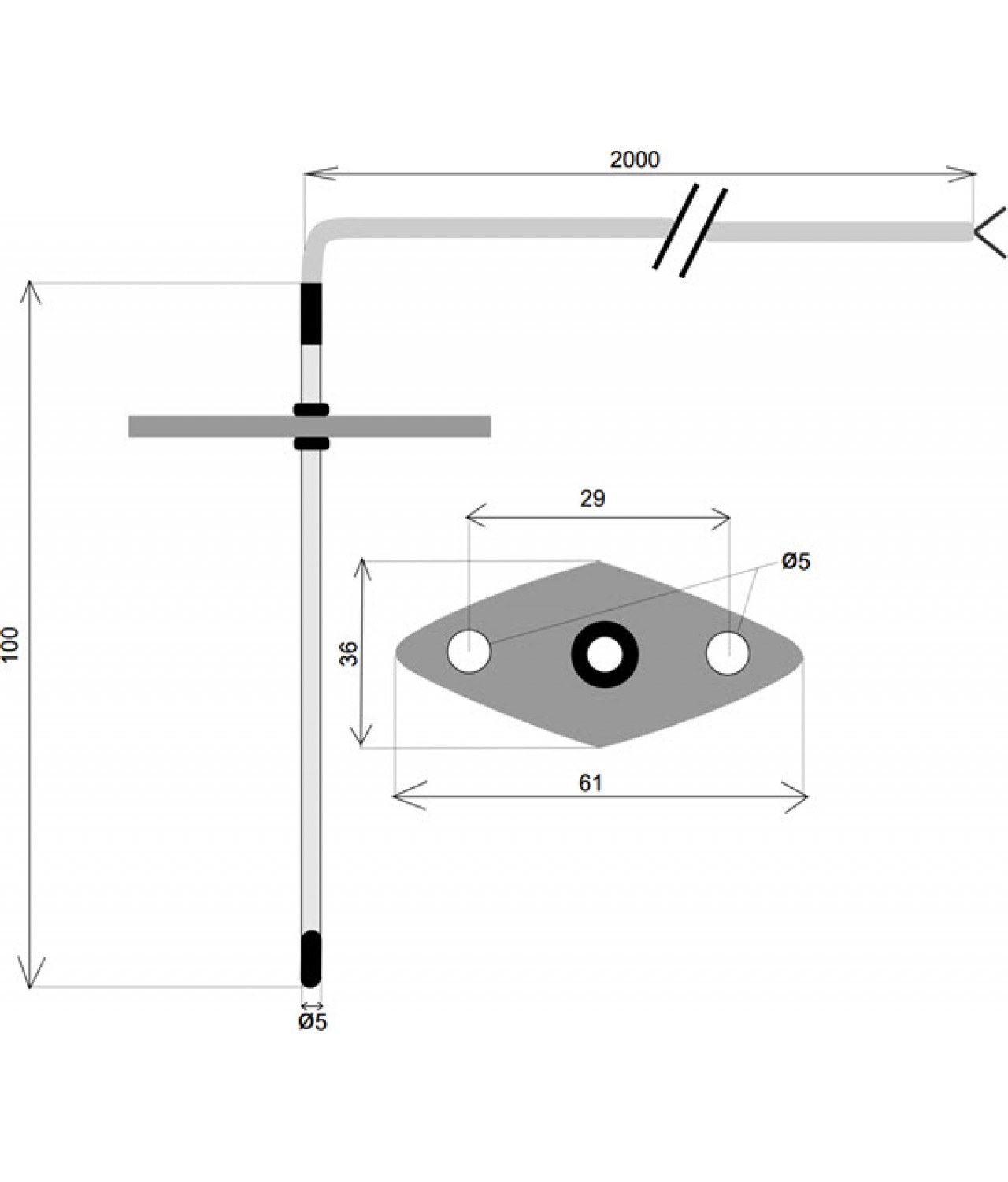 Duct temperature sensor TSD/NTC10K/2 (-40...+60 °C) with 2 m cable - drawing