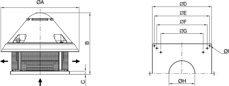 Maßzeichnung FCP ATEX DUST Radial-Dachventilator mit horizontalem Luftausblas