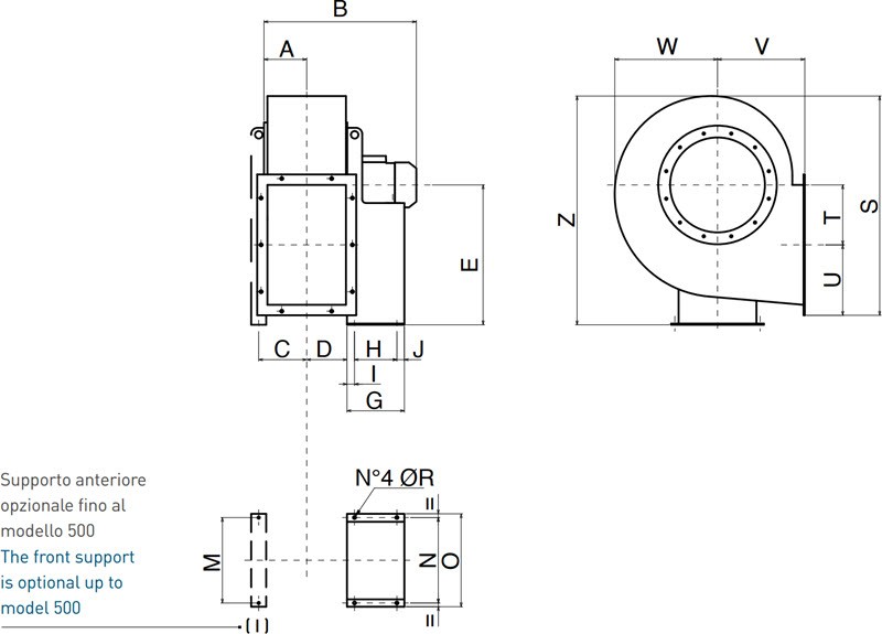 PR-L ATEX – arrangement 4 dimensional drawing, sizes 250–500